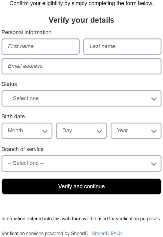 SheerID Military Sercice Verification Form Screenshot
