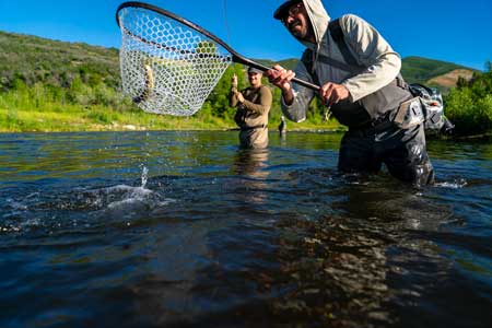 Two anglers admiring their prize, a beautiful brown trout caught on Utah’s Middle Provo River outside Park City, Utah