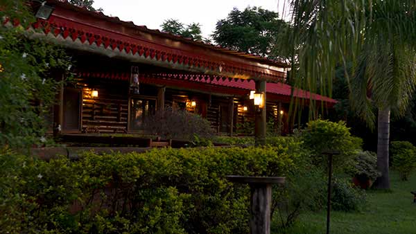 Jetu’u Lodge at night with porch lights glowing through the trees