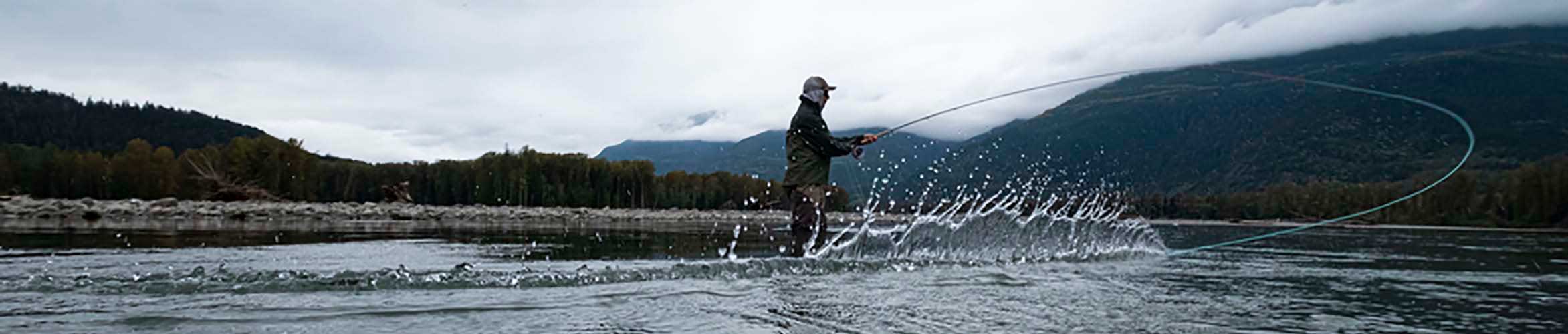 An angler swings flies for steelhead in the Pacific Northwest.